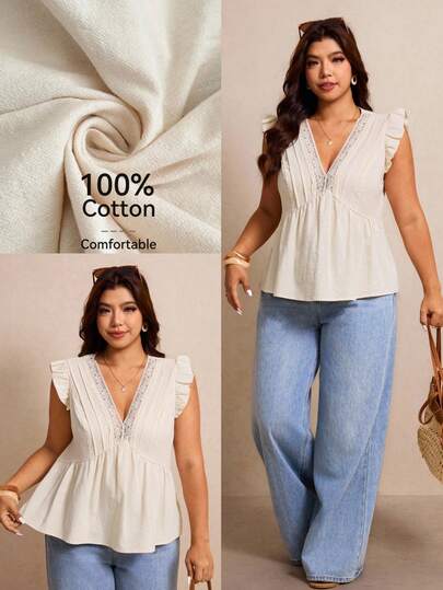 Elaquor Plus Size Women Summer Casual Vacation Solid Color V-Neck Contrast Lace Ruffle Armhole Fold Pleated Babydoll Top