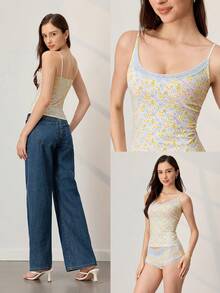 LUVLETTE Bộ đồ ngủ nữ bằng cotton mềm mại, ấm áp, in họa tiết hoa nhí và ren tinh tế, thích hợp mặc hàng ngày. - Màu xanh lam - Xem 3
