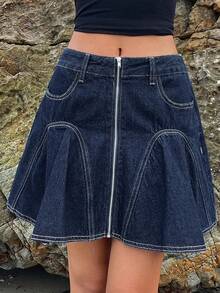 Livesso Chân váy denim ngắn nữ kiểu dáng thường ngày, đa năng, có túi khóa kéo, phù hợp cho các buổi hẹn hò và đi chơi. - Màu xanh lam - Xem 3