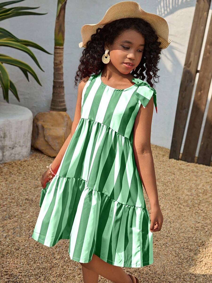 Sparklyn Tween Girl Vacation Casual Dress, Red Striped, Shoulder Bow Decor, Detachable Bow, Elegant Vintage Pattern Tank Dress - Green - View 1
