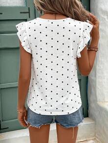 SHEIN Frenchy Áo thun nữ tay bồng họa tiết chấm bi, kiểu dáng thường ngày, thích hợp cho mùa hè. - Đen và trắng - Xem 3