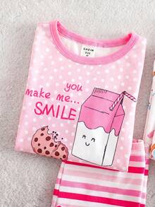 SHEIN 4pcs Young Girl Knitted Cute Donut Pattern Round Neck T-Shirt & Leggings Homewear Set - Multicolor - View 5