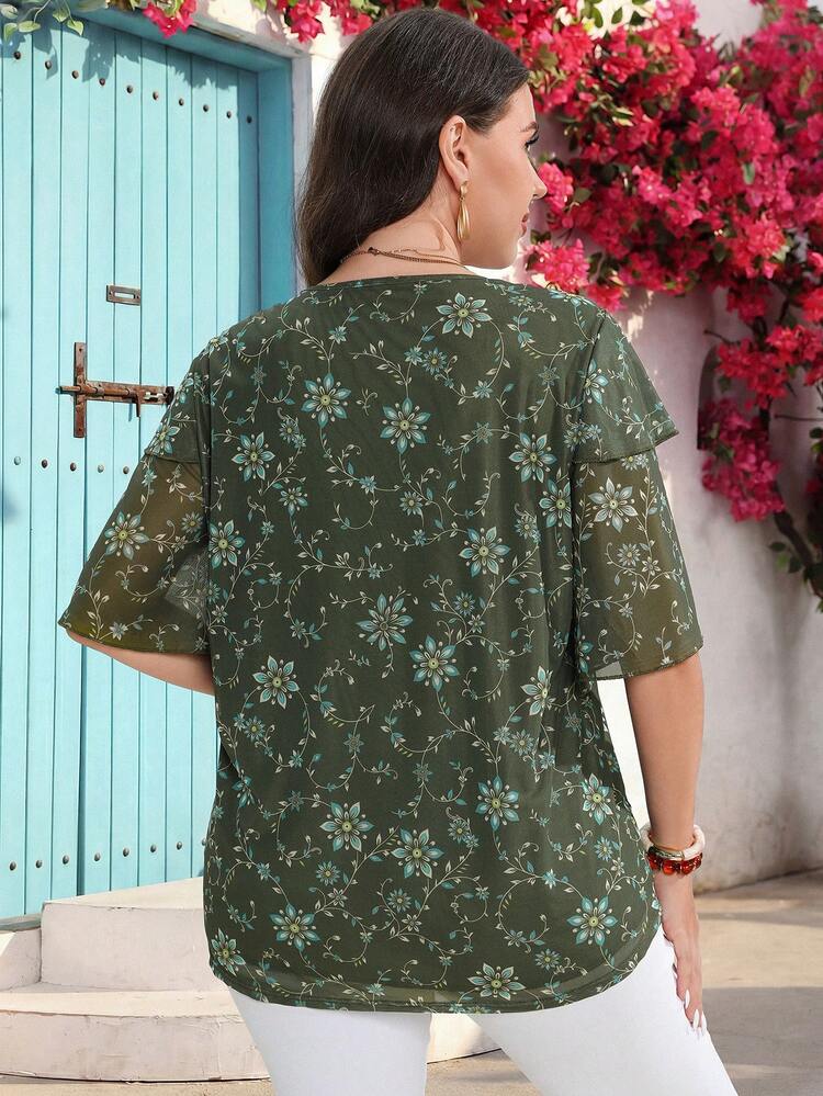 Plus Size Women Summer Casual Vacation Elegant  Green Floral Print Ruffle Sleeve  Shirt Tunic Blouse, Summer Holiday,Vacation Outfits Women,Simple And Fashionable For Everyday Wear,Suitable For Summer Vacation,Casual Holiday Style,Summer Outfits For Women ,Vacation Outfits Women ,Holiday Outfits For Women,Going Out Outfits, New Clothes,Simple And Fashionable For Everyday Wear,Suitable For Summer, Vacation, Daily Wear, Festival Outfits For Women,Country Concert Outfit,Beach Outfits For Women,Western Style,Boho Shirt,Festival Outfits For Women,Festa Junina,Flower Top