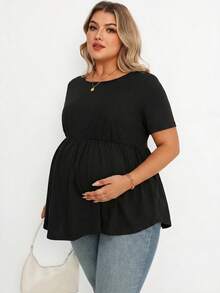Plussiva 孕妇加大码纯色圆领短袖休闲上衣 - 黑色 - 查看 6