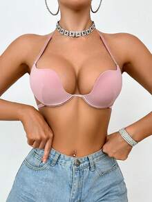 SHEIN 1件装女士露背挂脖无钢圈文胸 - 粉色 - 查看 5