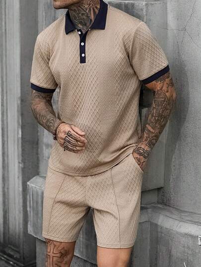 Manfinity CasualCool 男士休闲花卉提花领 Polo 衫和短裤套装，适合日常穿着、度假，也是送给丈夫的礼物