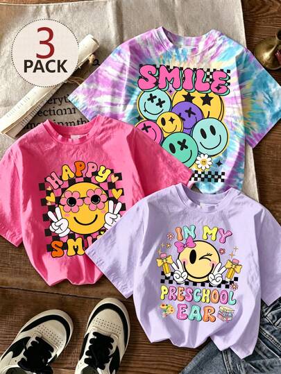 3pcs/Set 4-7 Years Old Girls Cute / Energetic Girl Smiling Face Print Short Sleeve Tee, Lightweight Casual Cute Graphic Streetwear Wear / School / Leisure Outings, Spring Summer Autumn Children Clothing Back-To-School Pink