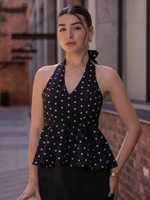 Andrea Bello 女款圓點深V領掛脖露背荷葉邊下擺時尚百搭度假派對上衣 荷葉邊上衣 女款圓點上衣,夏季上衣 黑色 - 黑色 - 查看 4