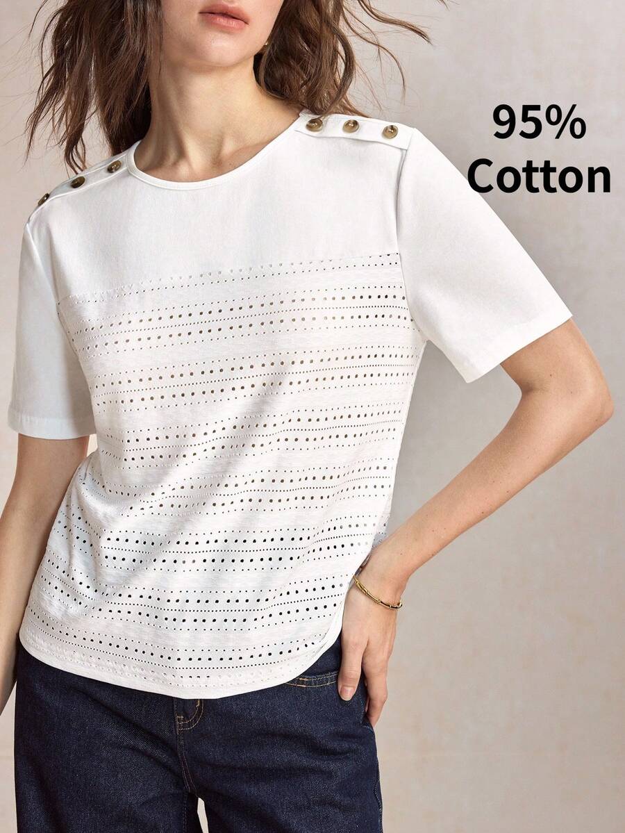 BizChic White Women's T-Shirt With Hollow Out Button Splicing, Elegant Casual Commute Date Independence Day Graduation Season Music Festival Slimming Elegant Versatile Premium Summer - White - View 1