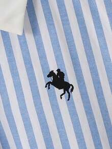 Teen Girl Polo Collar Striped Embroidered Short Sleeve Midi Dress,Baby Blue,Summer,Y2k,Holiday,Back-To-School,Contrast Ruffle Button Front Outwear - Blue - View 7
