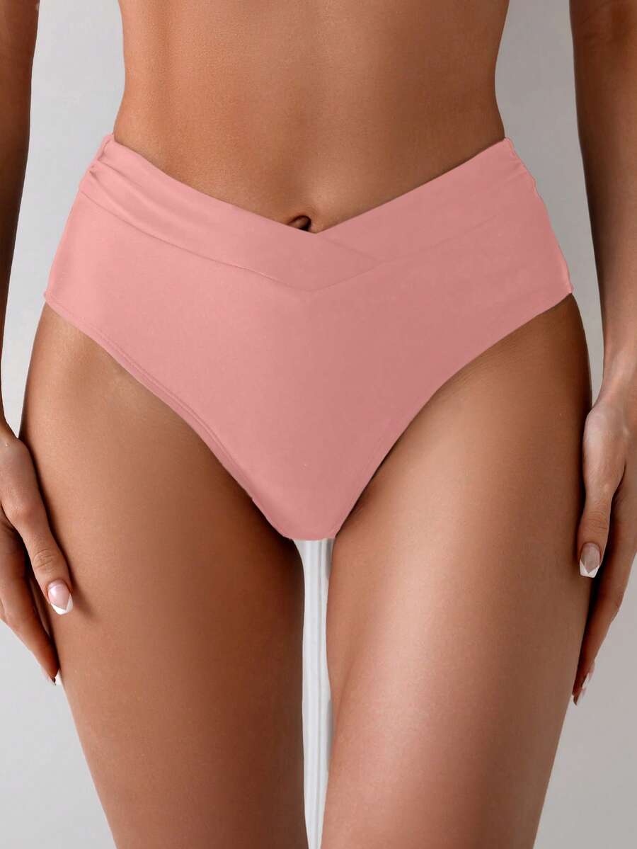 Swim Basics 女款夏季度假海灘V腰純色泳衣泳褲 - 粉色 - 查看 1