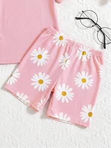 SHEIN Young Girl Knitted Floral Pattern Round Neck T-Shirt And Shorts 2-Piece Loungewear Set - Multicolor - View 3