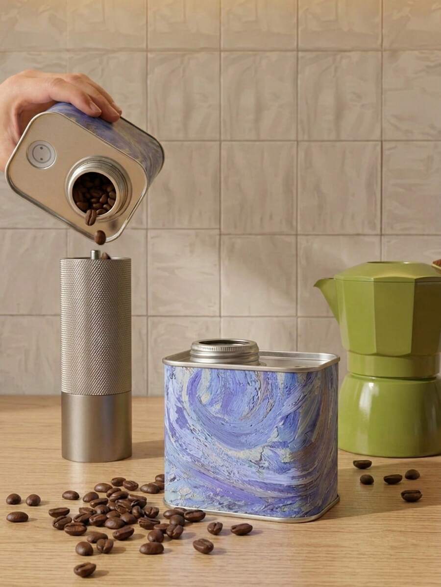 Cirelle 1pc Airtight Coffee Bean Tin Canister, Vintage Oil Painting Metal Tea Storage Box, Square Tinplate Container With Screw Lid For Countertop - Multicolor - View 1