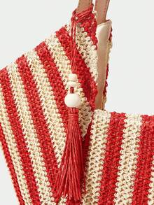 Large Capacity Bohemian Woven Straw Tote Bag With Fringe And Striped And Plain PU Handles For Beach Vacation Summer - Merah - View 6