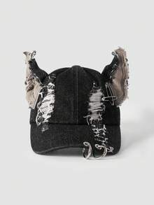 MortiRose 1pc Women's New Y2K Distressed Rabbit Ear Hole Baseball Cap, Personalized Street Hip Hop Snapback Hat, Exclusive For Halloween - Bunny Hat - View 2