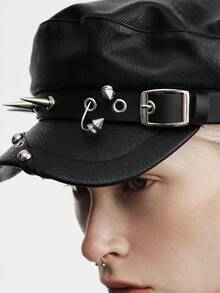 MortiRose 1pc Women's Fashion Rivet Decor Metal Leather Belt Buckle Beret Hat - Black - View 9