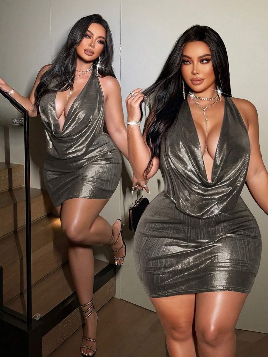 NU&NOW Gaun Musim Panas Pas Badan Tanpa Lengan dengan Leher Berlipat, Model Abu-abu, Ukuran Plus, Warna Polos, Model Koktail, Seksi - Dark Grey - View 1