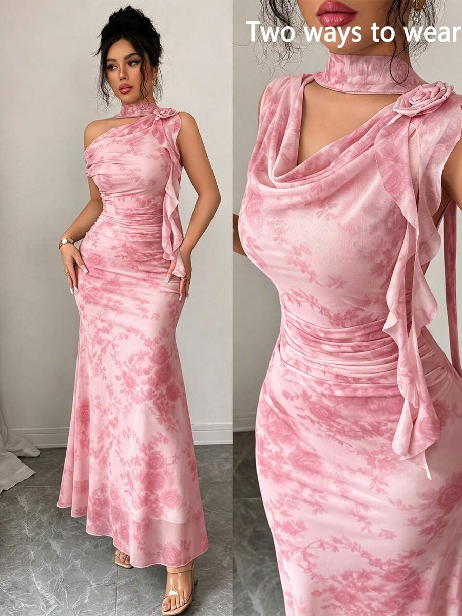 Modelyn 女款綠色無袖飄逸領花卉3D網格印花修身洋裝 - 粉色 - 查看 1