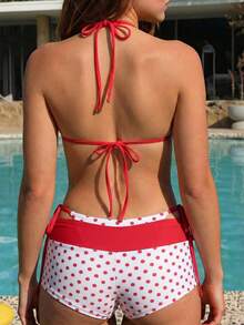 Swim Mod Women's New Polka Dot Print Bow Tie V-Neck Halter Backless Triangle Top And Bottoms 3-Piece Bikini Swimwear Set, Spring/Summer - White - View 4
