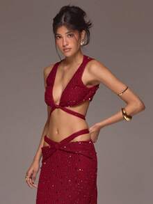 MUSERA Áo ren móc xoắn phía trước đính sequin, phong cách mùa xuân hè, kỳ nghỉ, Ibiza Roja De Sol - Màu Đỏ Sâu - Xem 3
