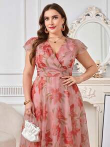 Reflora Plus Size Women's Elegant Floral Print Dress, Summer Wedding Guest Dress - Red - View 6