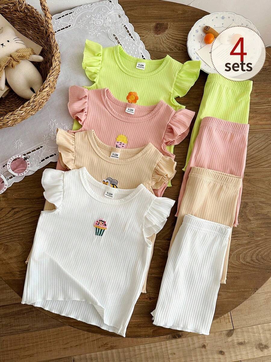 SHEIN 8件組女嬰0-3歲粉色與白色夏季可愛家庭套裝 羅紋針織短袖T恤上衣與短褲 8件套休閒出遊套裝 - 彩色 - 查看 1