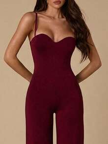 SHEIN BAE 女士优雅简约阔腿连体裤 - 酒紅色 - 查看 4