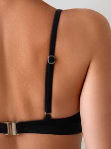 SHEIN Swim 女性夏季海灘實色中空性感比基尼上衣 - 黑色 - 查看 4