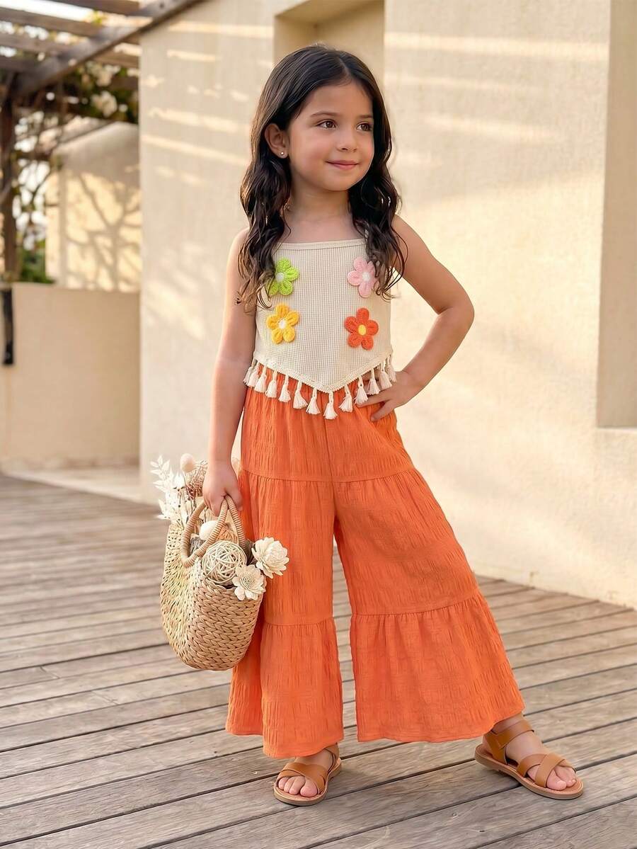 Emery Rose Kids Emery Rose Kids 2件套女童针织纯色3D立体花朵流苏边吊带背心和宽松裤子套装 - 橘色 - 查看 1
