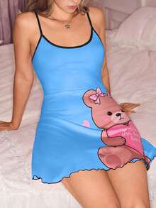 SweetSlumber Women's Sweet Cute INS Bear & Heart Print Camisole Mini Nightgown - Blue - View 1