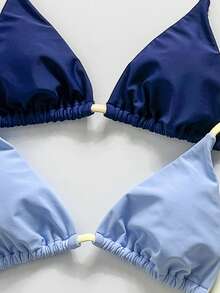 Swim Vcay Ensemble de maillot de bain bikini sexy 4 pièces pour femmes, été, plage et vacances, dos nu, attache au cou, noué dans le dos, couleurs contrastées, string - Multicolore - Voir 7
