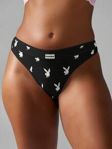 Missguided x Playboy 兔子印花丁字裤女士舒适低腰内裤 - 黑色 - 查看 4