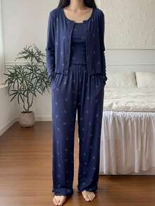 DAZY 3pcs Bow Print Allover Allover Print Camisole And Pants Women Pajama Set - Navy Blue - View 5