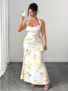 SHEIN Clasi Plus Size Women Brown Ruched Cami Midi Bodycon Dress Gym Summer - Multicolor - View 4