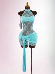Amplova Đầm ngắn ren cổ yếm hở lưng gợi cảm với chi tiết áo corset, dễ thương và quyến rũ, thích hợp cho tiệc năm mới hoặc hẹn hò. - Màu xanh lam - Xem 8