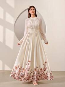 Graceveil Đầm dài thanh lịch màu mơ, phối lưới, in họa tiết, xếp ly ở eo, thích hợp cho tiệc tối. - Màu be - Xem 4