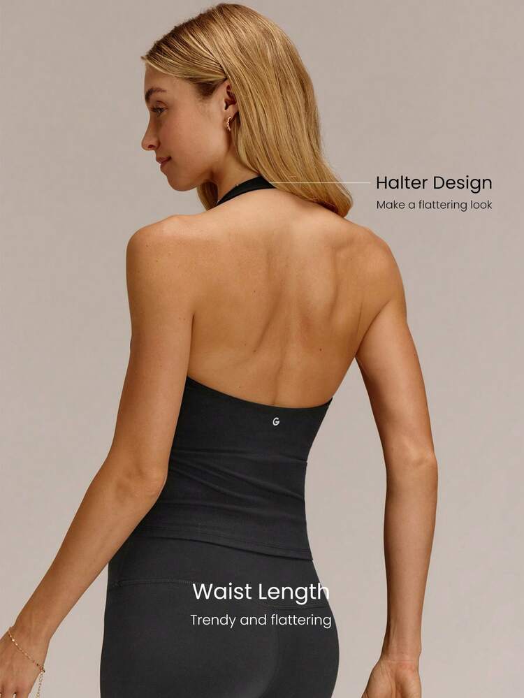 FeatherFit™ Breathable Lightweight Waist Length Side Mesh Push Up Crossover Halter Tank Yoga Pilates