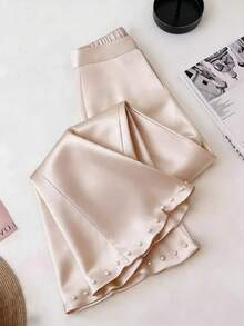 GlowEve CURVE Plus Size Elegant Fashionable Versatile Faux Pearl Beaded Flare Pants - Apricot - View 1