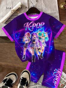 2件套少女休闲彩色渐变K-Pop明星卡通女团印花圆领短袖T恤和短裤套装，适合夏季穿着 - 彩色 - 查看 2