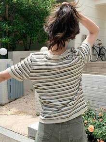 DAZY Women's Striped Printed Round Neck Short Sleeve Casual T-Shirt, Summer - Apricot - View 5