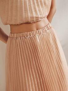 Anewsta Solid Color Elastic Waist Long Pleated Elegant Sequin Skirt, Summer Vacation Red - Champagne - View 7