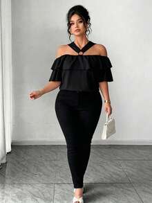 Elenzga Elegant Off-Shoulder Metal Decor Ruffle Trim Off-Shoulder Plus Size Blouse - Black - View 5