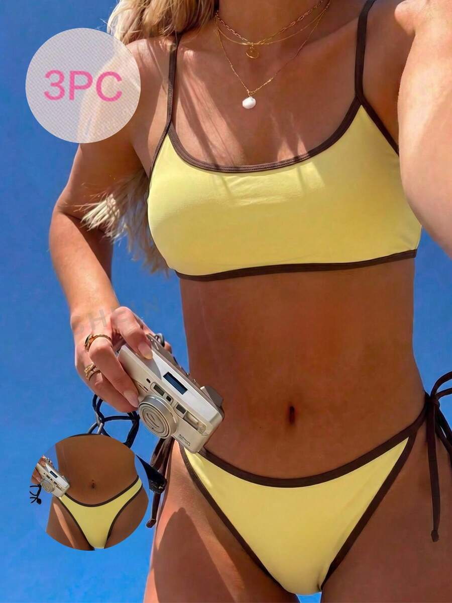 Swim Mod 2025 New 3pcs/Set Women Spaghetti Strap Wireless Solid Color Bikini Swimwear Set - Yellow - View 1