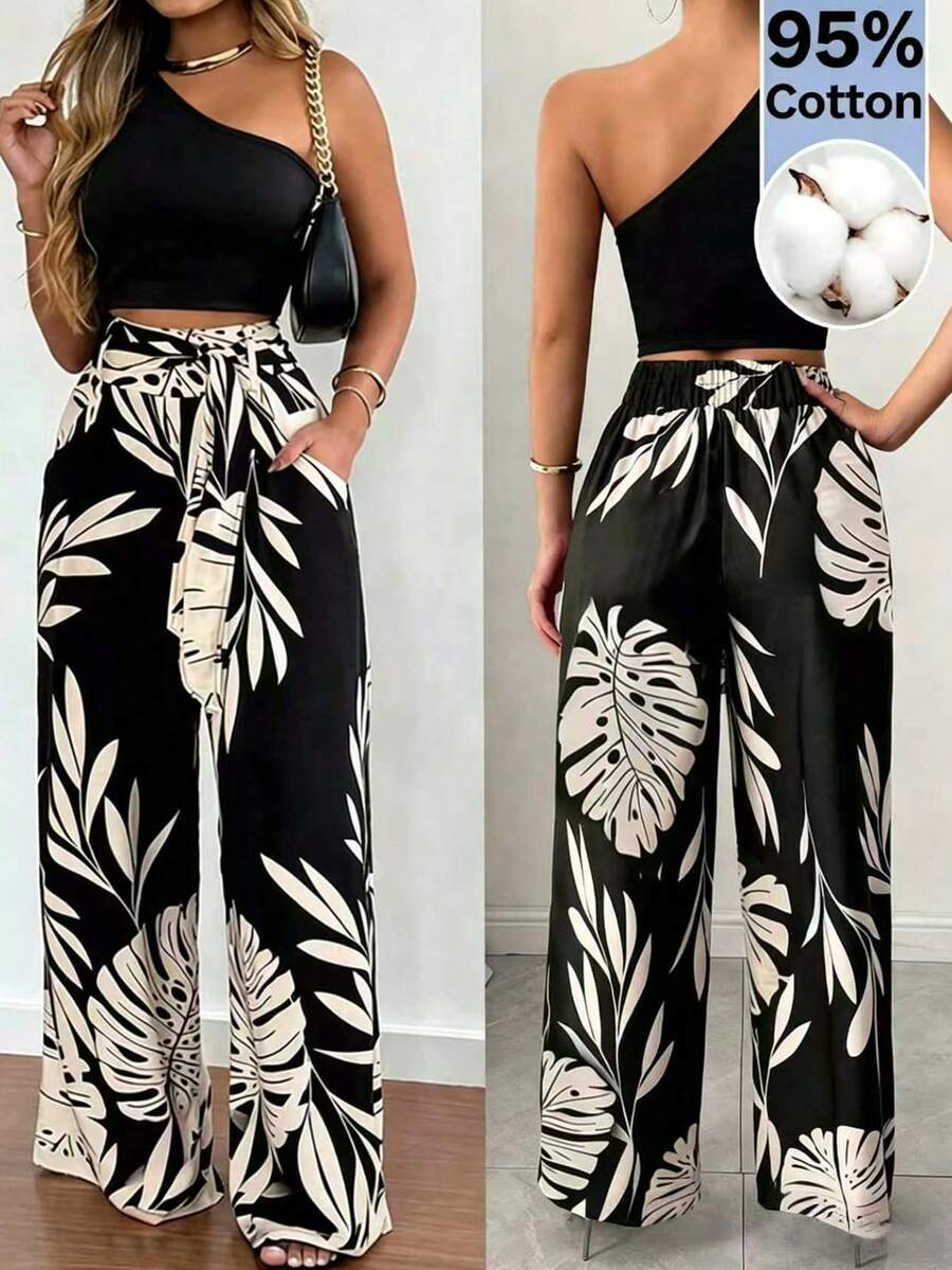 EMERY ROSE 2pcs/Set Women Fitted One Shoulder Top (With Belt) And Straight Leg Printed Pants Set - Black - View 1