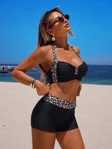Swim Lushoire Women's Leopard Print Contrast Halter Neck Bikini Set With Boyshort Bottom, Ruched Bandeau Two Pieces Swimwear For Beach Vacation - Multicolor - View 8