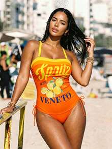 Slaydiva Plus Size 2pcs Fruit Print Halter Drawstring Tankini Top & Patchwork Triangle Bottoms Swimsuit Set,Women Yellow Summer Beach Vacation Holiday - Yellow - View 3