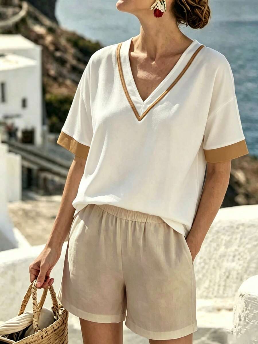 Breezaya Women's Comfortable V-Neck Contrast Color Block Loose Short Sleeve T-Shirt, Suitable For Spring/Summer Vacation And Commuting - Multicolor - View 1
