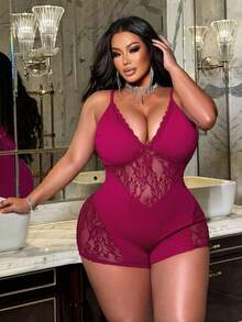 NU&NOW Plus Size Women's Fashionable Sexy Lace Patchwork Jumpsuit Cocktail Mint Green Summer - Hot Pink - View 4