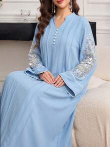 SHEIN Najma 女士V领连衣裙，饰有仿珍珠和亮片 - 藍色 - 查看 4
