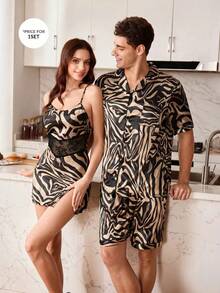 CoupledUp Zebra Print Faux Silk Short Sleeve Shorts Pajama Set For Men - Multicolor - View 8